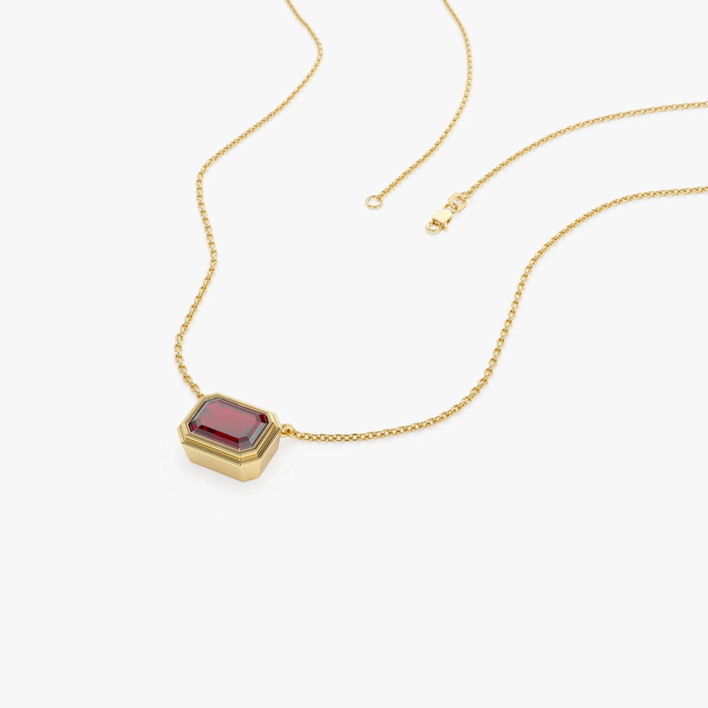 14k Solid Gold Garnet Emerald Cut Necklace 0.95 Carat Bezel Setting