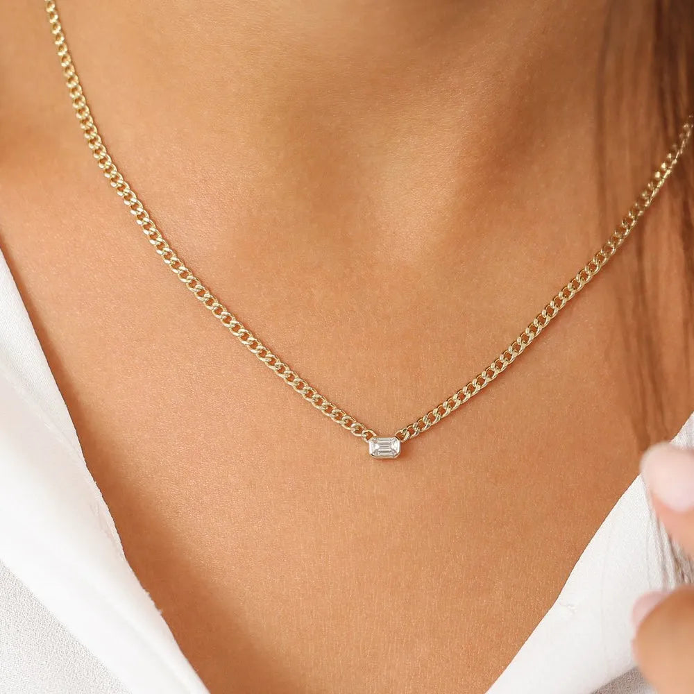 14K Solid Gold Emerald Cut Diamond Cuban Link Necklace Bezel Set 0.23ctw