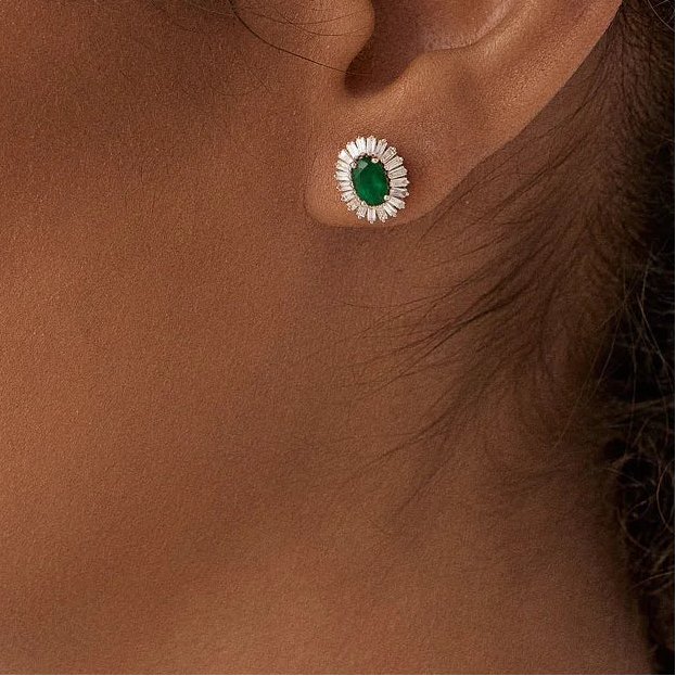 14k Solid Gold Oval Emerald and Baguette Diamond Ballerina Stud Earrings 1.30 ctw