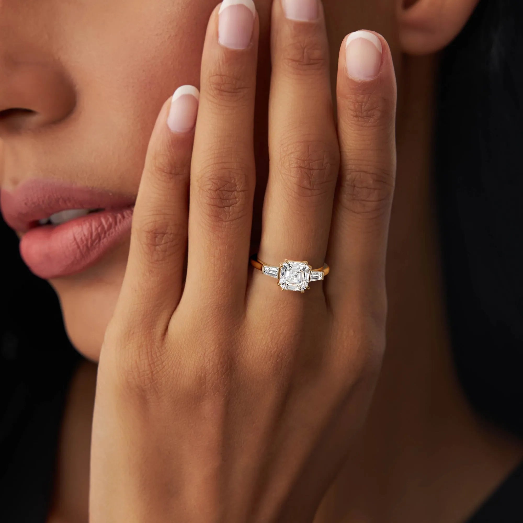 14k Gold Lab Grown Diamond Asscher Cut Three Stone Engagement Ring 2.35 Ctw IGI Certified Nina