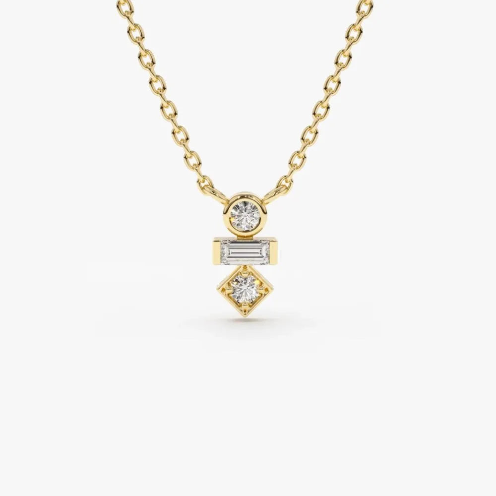 14K Solid Gold Baguette and Round Diamond Necklace Bezel and Channel Setting 0.13ctw