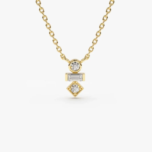 14K Solid Gold Baguette and Round Diamond Necklace Bezel and Channel Setting 0.13ctw
