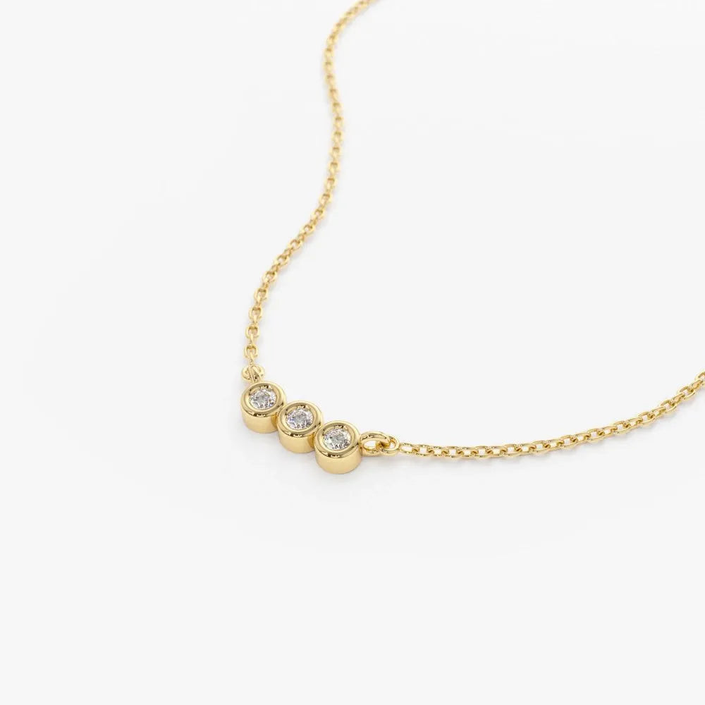 14K Solid Gold Round Diamond 3 Stone Horizontal Bezel Set Minimalist Necklace 0.10cttw