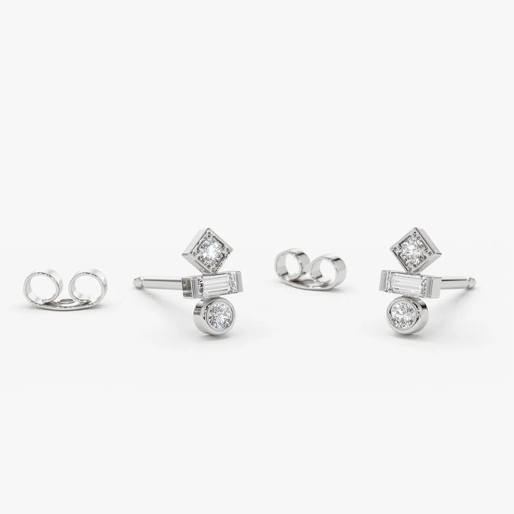 14k Gold Diamond Baguette and Round Cut Earrings Bezel Micro Prong 0.19 ctw