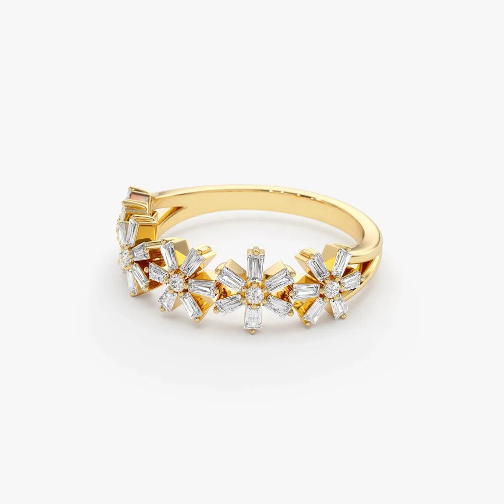 14K Gold 0.49 Carat Round and Baguette Diamond Multi Flower Design Ring
