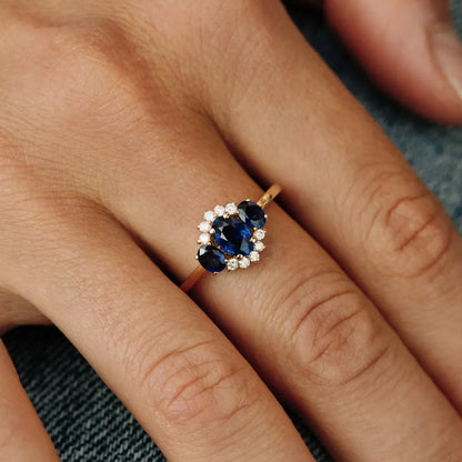 14k Gold Sapphire and Diamond Oval Cut Three Stone Cluster Ring 1.41 ctw