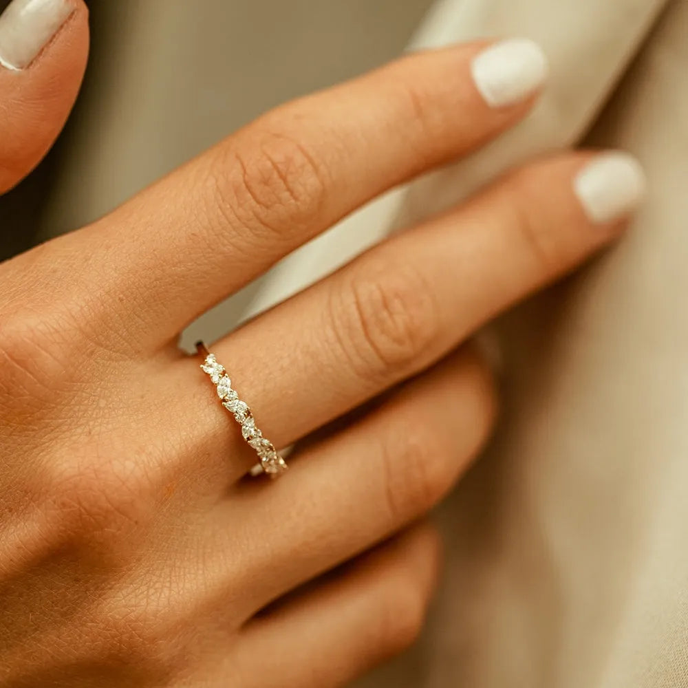 14k Solid Gold Marquise and Round Diamond Slanted Prong Set Ring 0.35 Carat