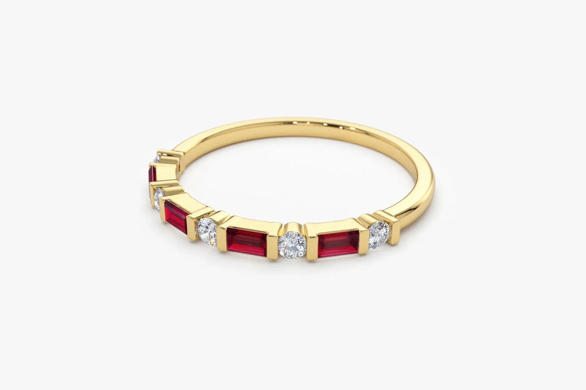 14k Gold Ruby and Diamond Baguette and Round Cut Stackable Wedding Ring Bar Channel Setting 0.63 ctw