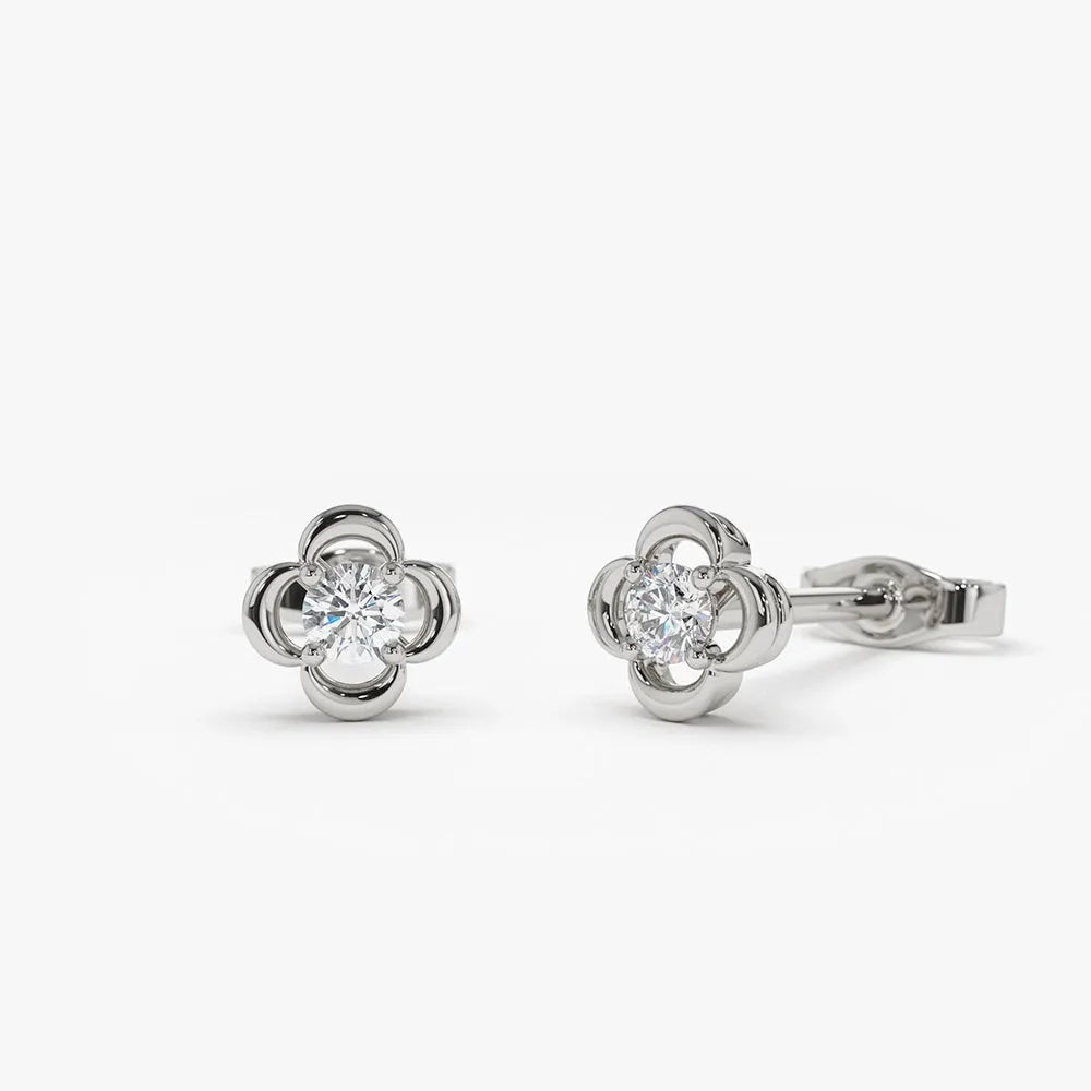 14k Gold Diamond Round Cut Clover Stud Earrings 0.14 ctw