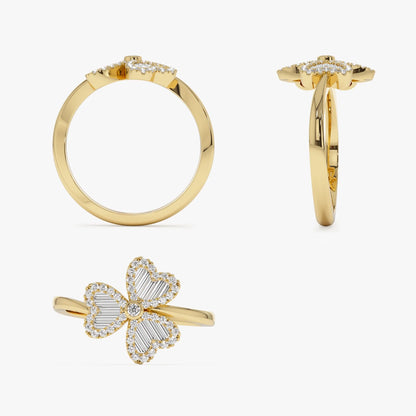 14K Solid Gold Baguette and Round Diamond 0.42 Carat Flower Clover Ring