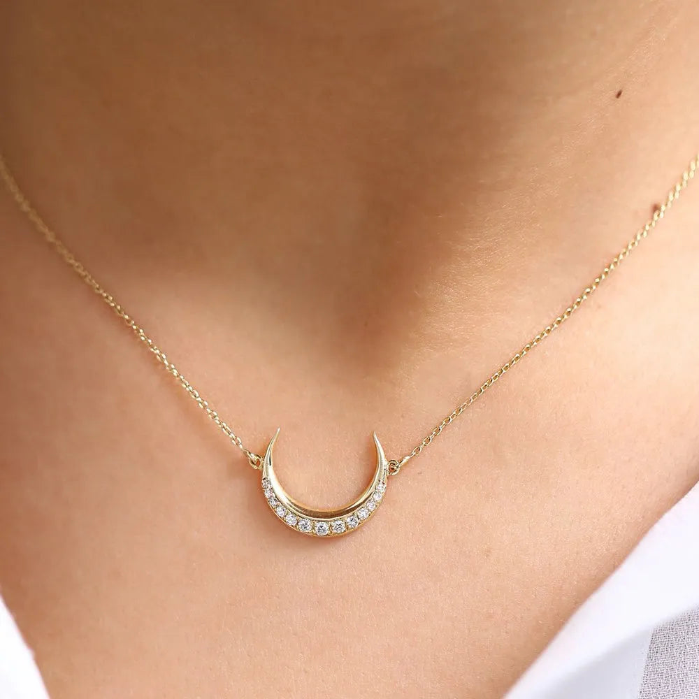 14K Solid Gold Round Diamond Micro Pave Horizontal Crescent Moon Necklace 0.26ctw