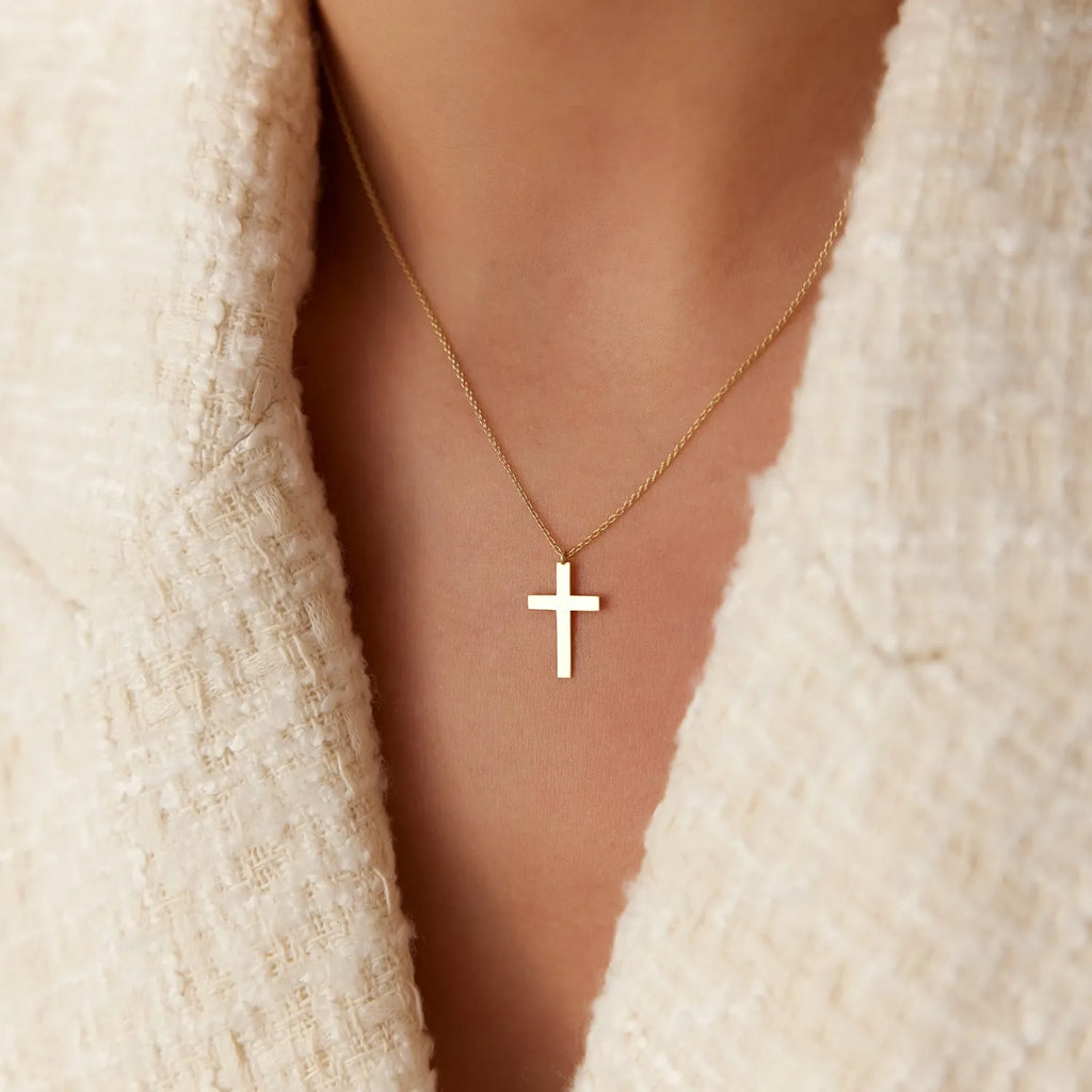 14k Solid Gold Plain Dangling Cross Charm Pendant Necklace