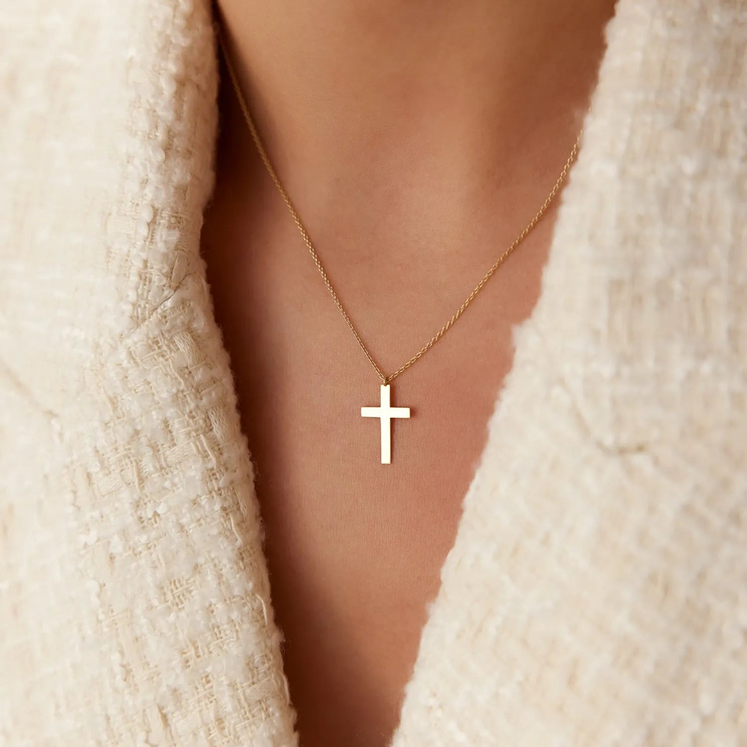 14k Solid Gold Plain Dangling Cross Charm Pendant Necklace