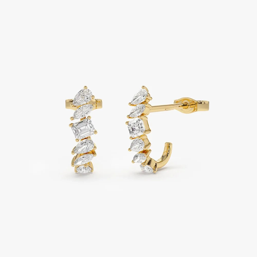 14k Gold Diamond Marquise Pear Round Emerald Cut Mixed Shapes Statement Stud Earrings Prong Setting 0.68 ctw