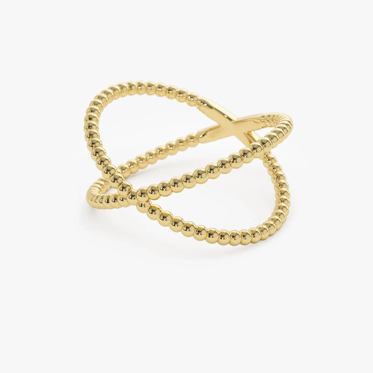 14k Solid Gold Beaded Band Criss Cross Statement Ring