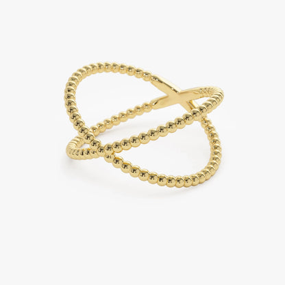 14k Solid Gold Beaded Band Criss Cross Statement Ring