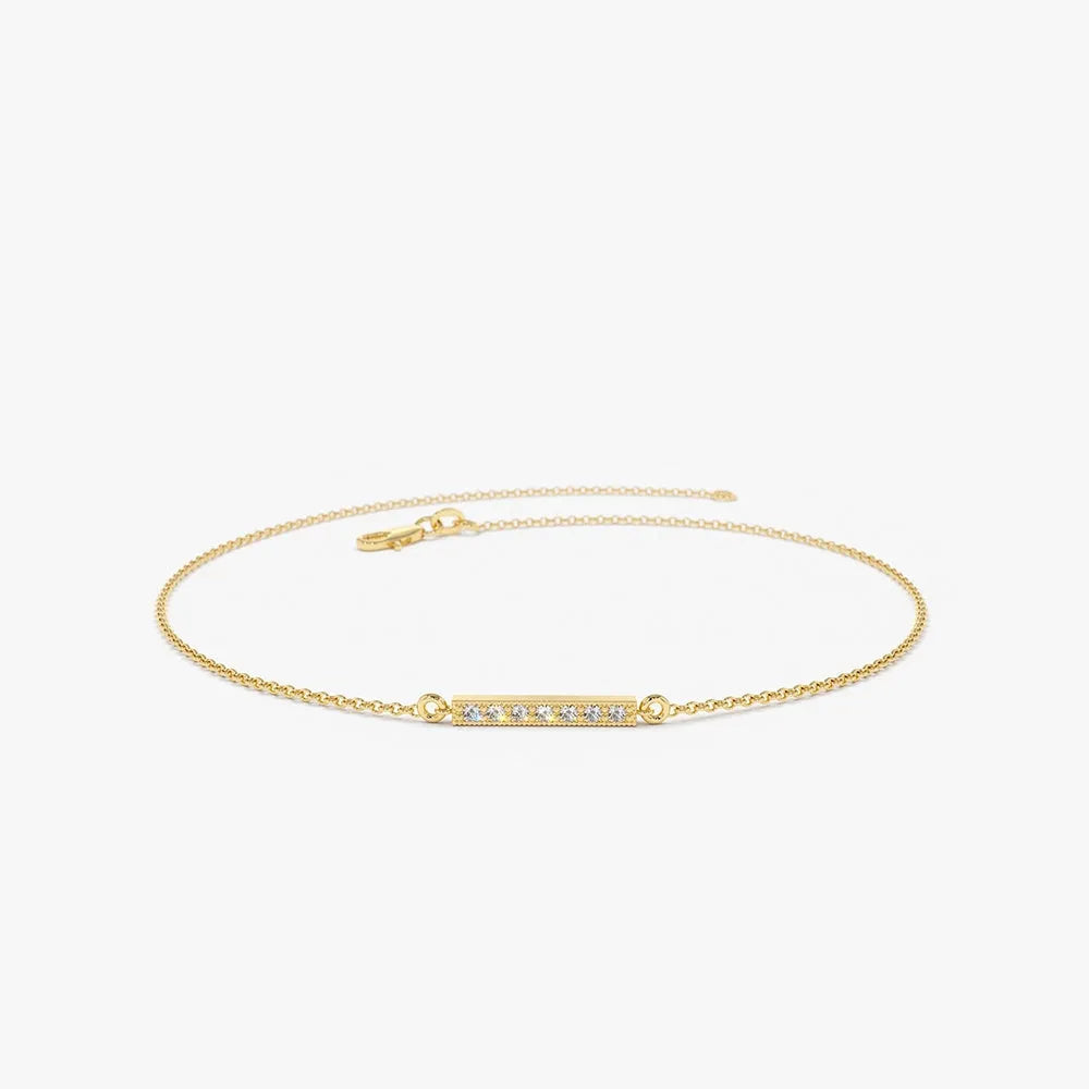 14K Solid Gold Round Diamond Bar Bracelet Micro Pave 0.09 Carat