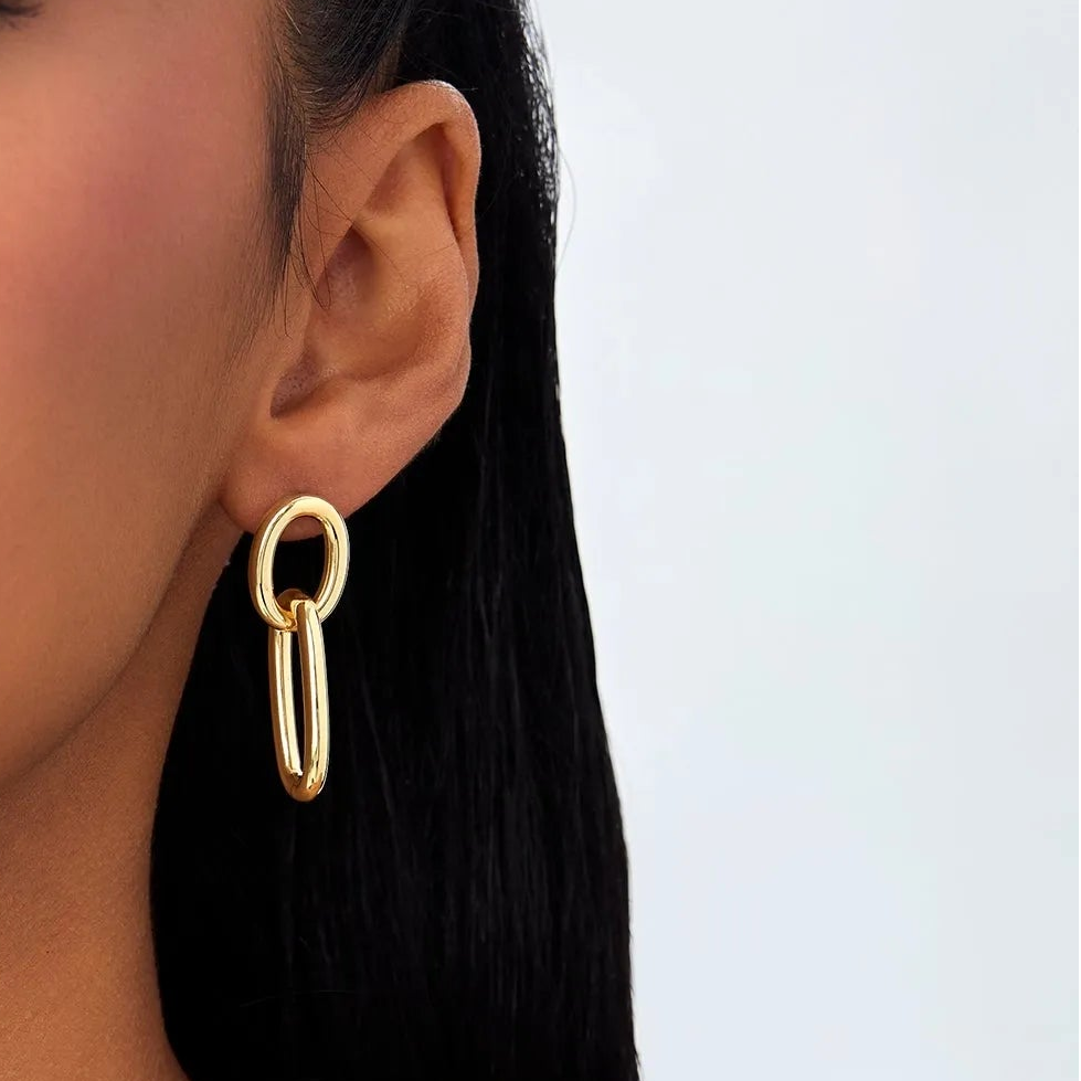 14k Yellow Gold Double Link Dangle Earrings Statement Drop Design 3mm Width