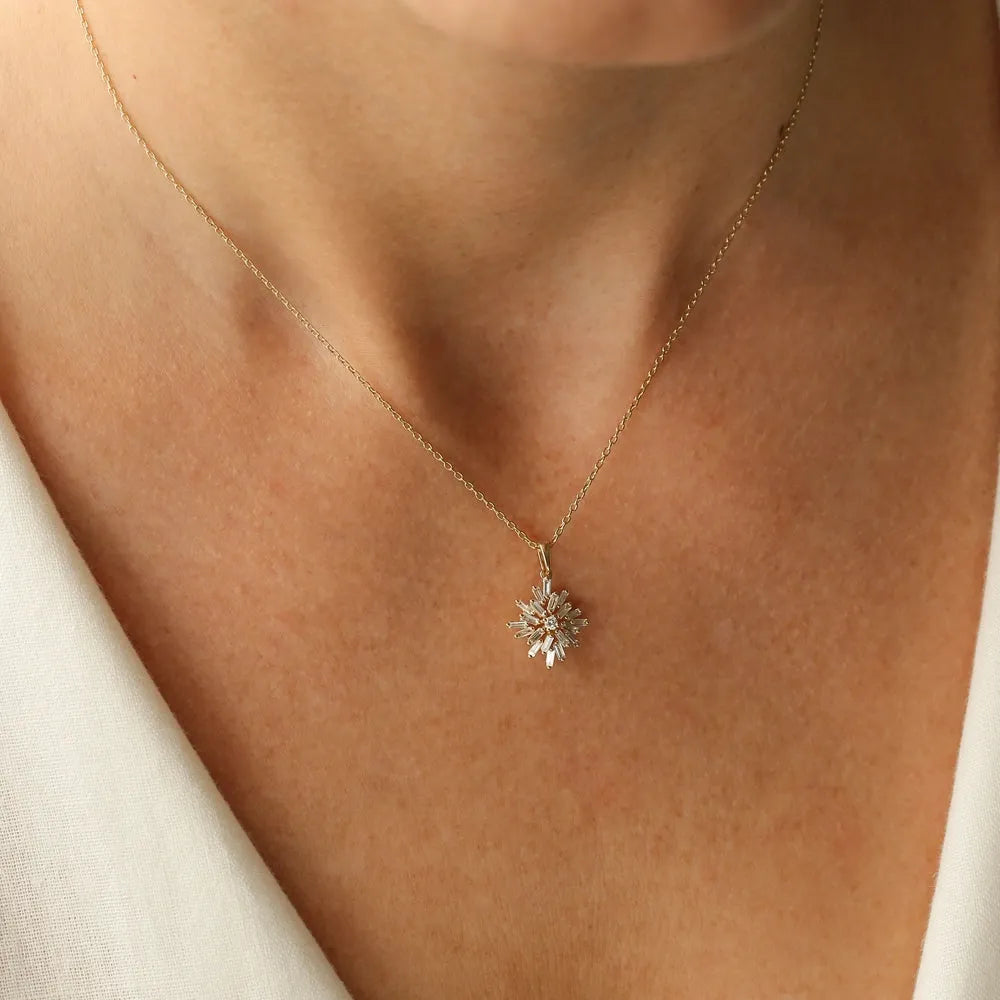 14K Solid Gold Baguette and Round Diamond Cluster Pendant Necklace Prong Setting 0.56ctw
