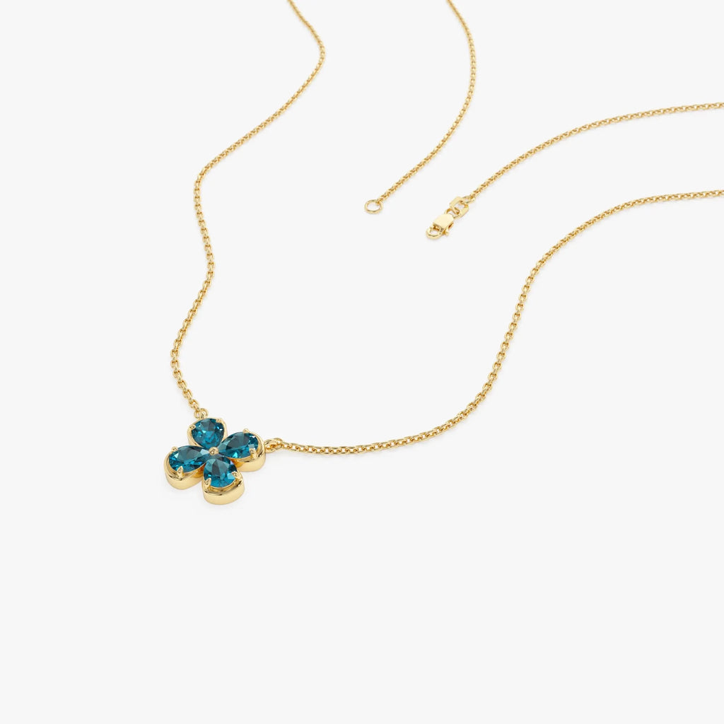 14k Solid Gold London Blue Topaz Pear Shaped Four Leaf Clover Necklace 0.80 Carat