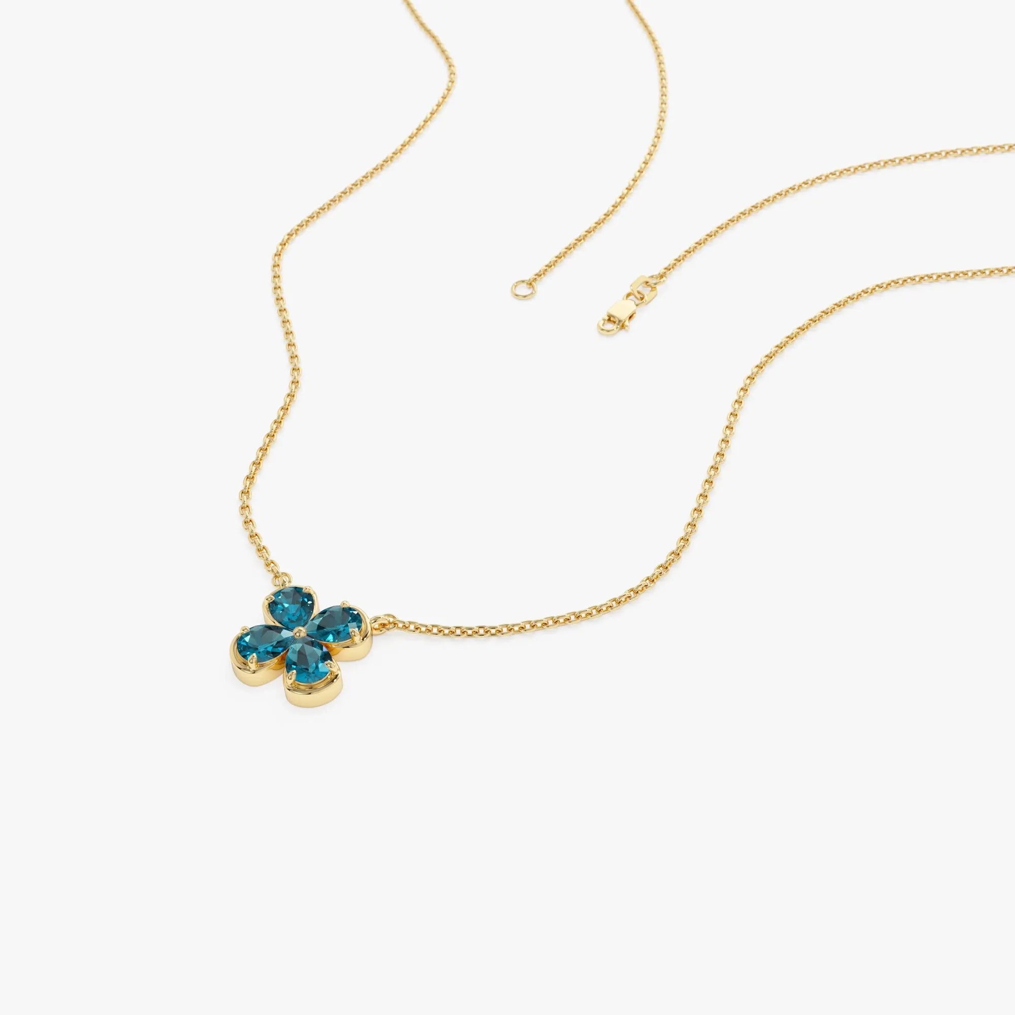 14k Solid Gold London Blue Topaz Pear Shaped Four Leaf Clover Necklace 0.80 Carat