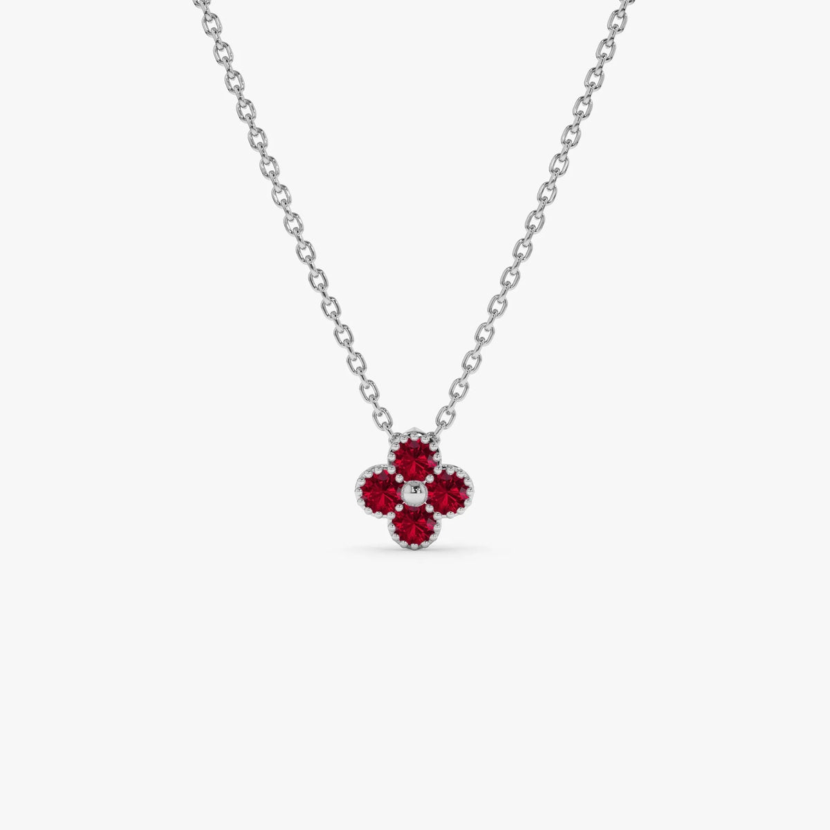 14k Solid Gold Round Ruby Clover Beaded Necklace 0.17 Carat Prong Setting