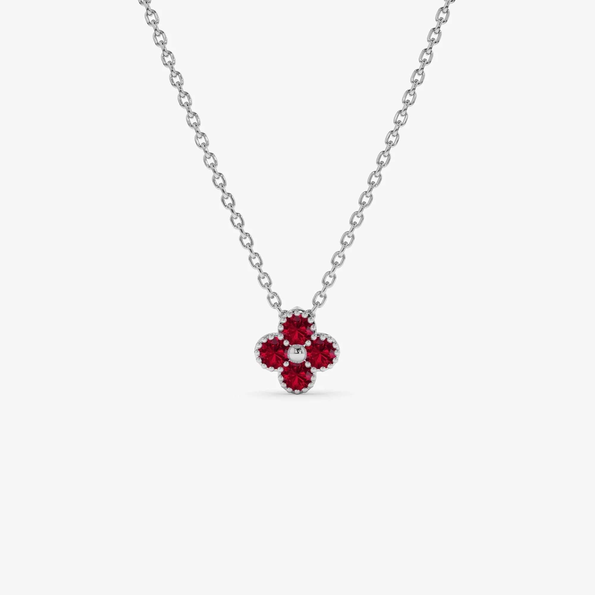 14k Solid Gold Round Ruby Clover Beaded Necklace 0.17 Carat Prong Setting