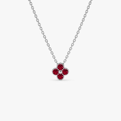 14k Solid Gold Round Ruby Clover Beaded Necklace 0.17 Carat Prong Setting