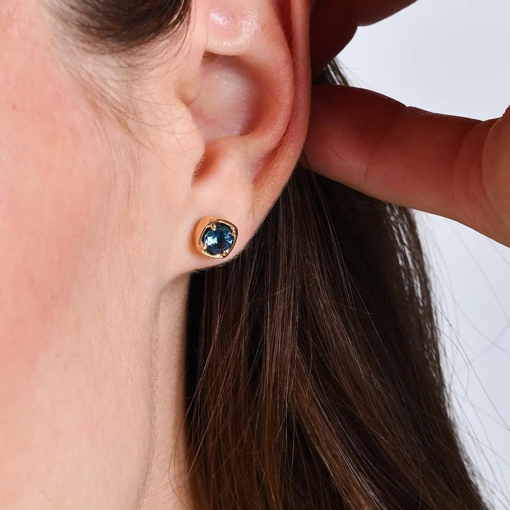 14K Solid Gold Round London Blue Topaz Cushion Stud Earrings 1.25ctw