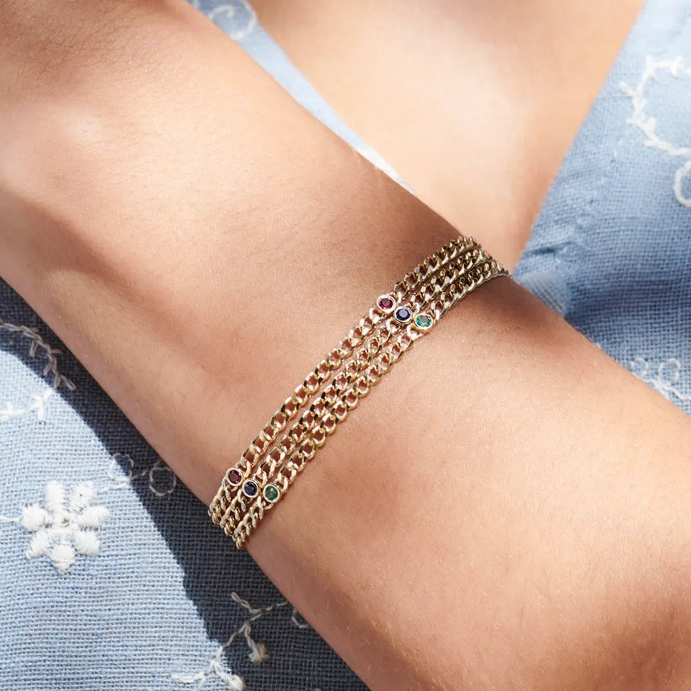 14K Solid Gold Cuban Link Bracelet with Bezel Set Round Sapphire