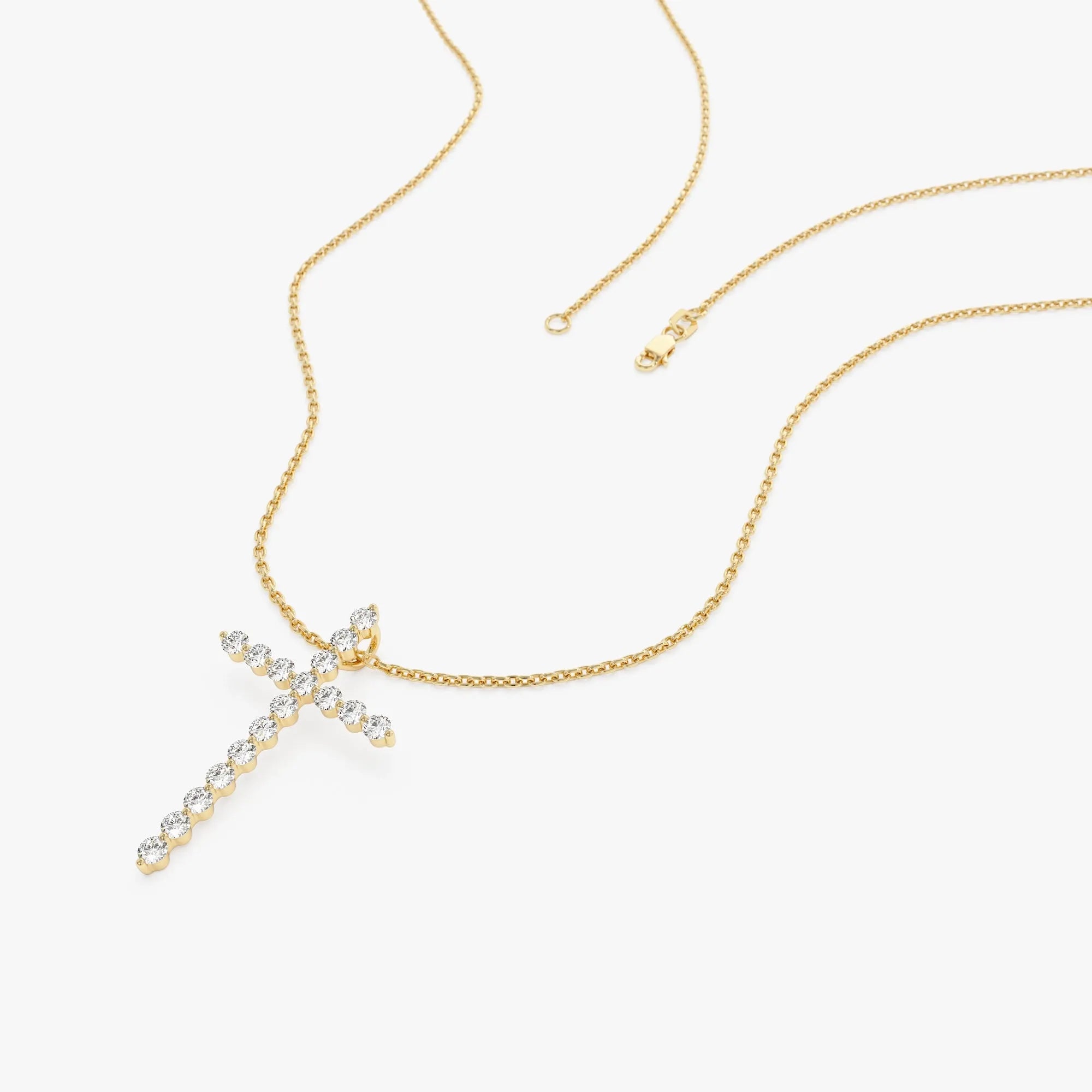 14K Solid Gold 0.29 CTW Round Diamond Single Shared Prong Cross Necklace