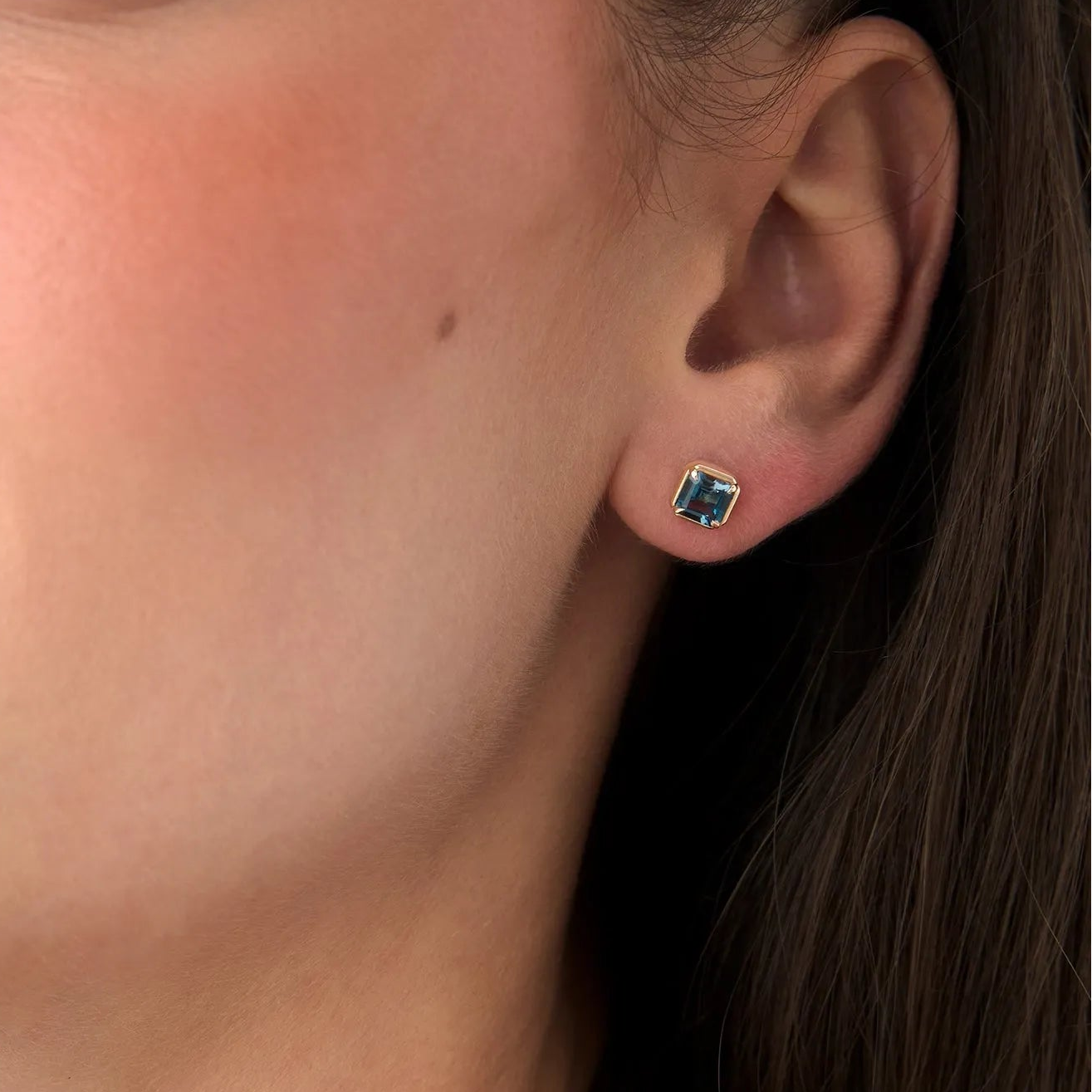 14K Solid Gold Asscher Cut London Blue Topaz Stud Earrings 1.60ctw