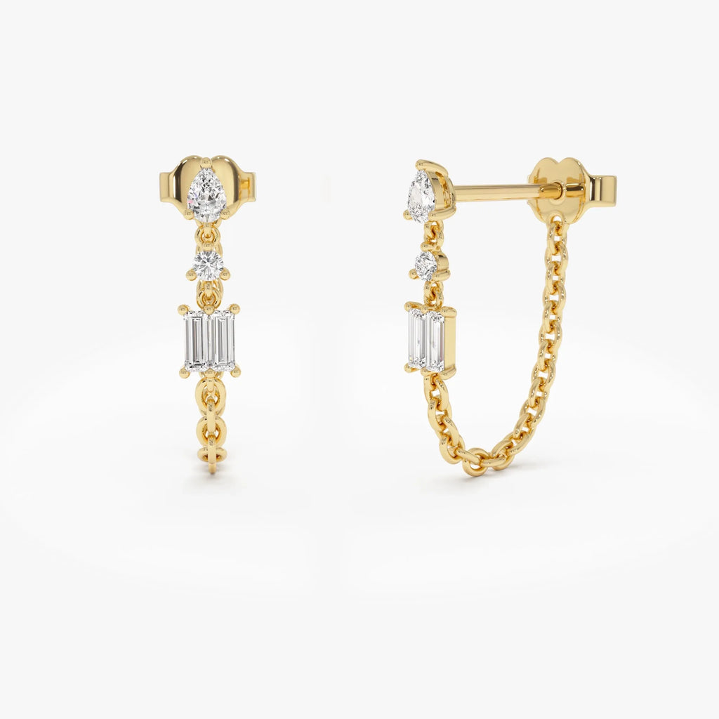 14k Gold Diamond Mixed Cut Baguette Pear and Round Chain Dangle Earrings 0.35 ctw