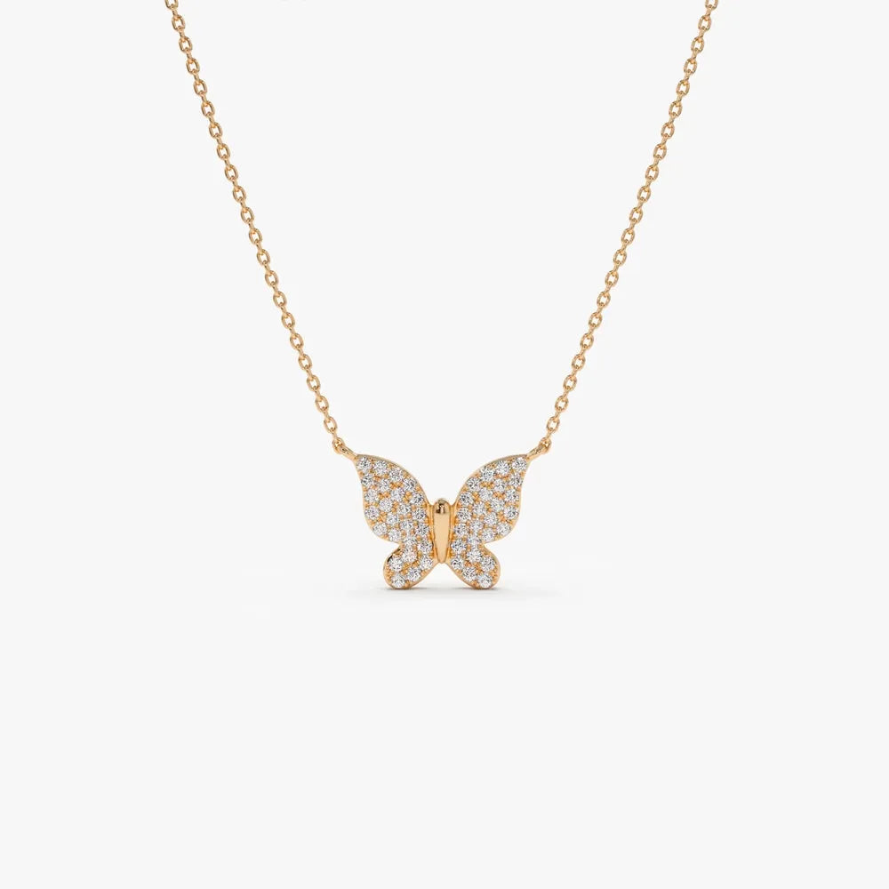 14K Solid Gold Round Diamond Pave Butterfly Pendant Necklace 0.29ctw