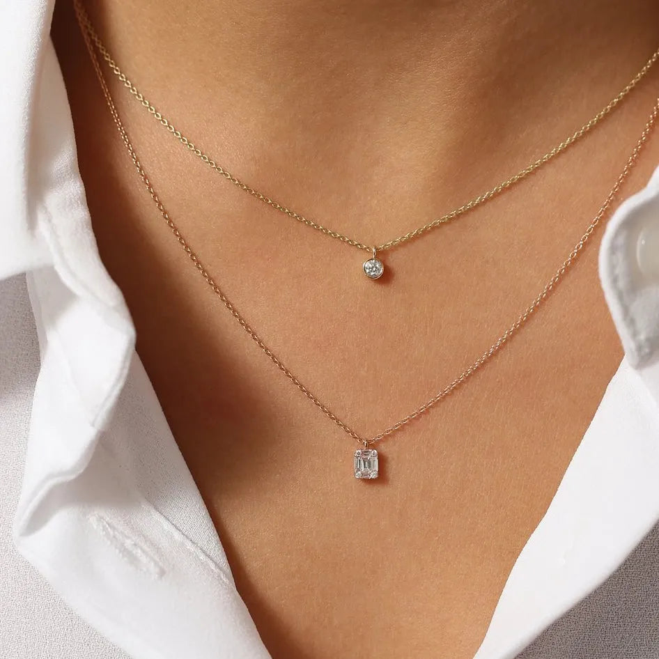 14K Solid Gold Baguette and Round Diamond Charm Pendant Necklace 0.15ctw