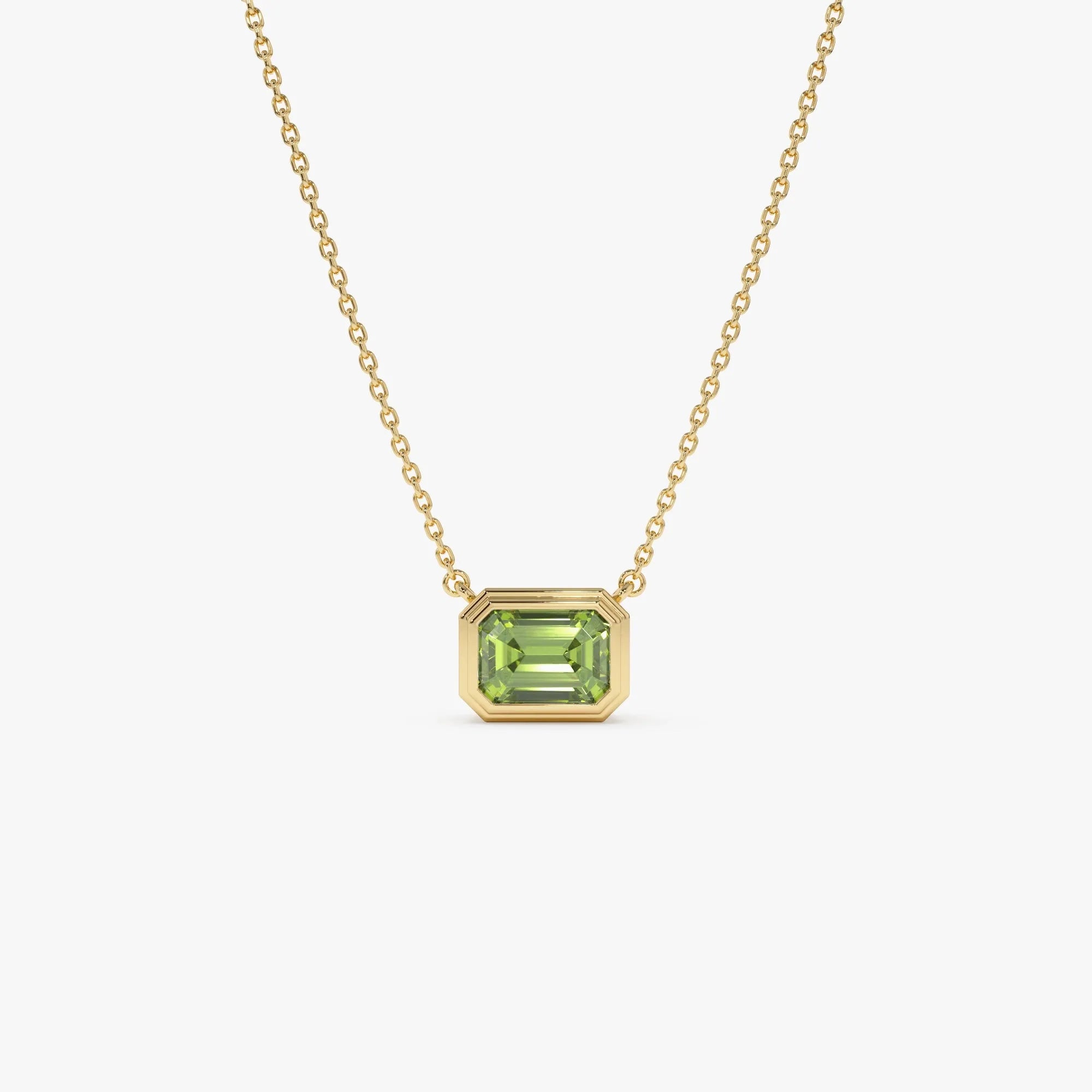 14k Solid Gold Peridot Emerald Cut Necklace 1.15 Carat Bezel Setting