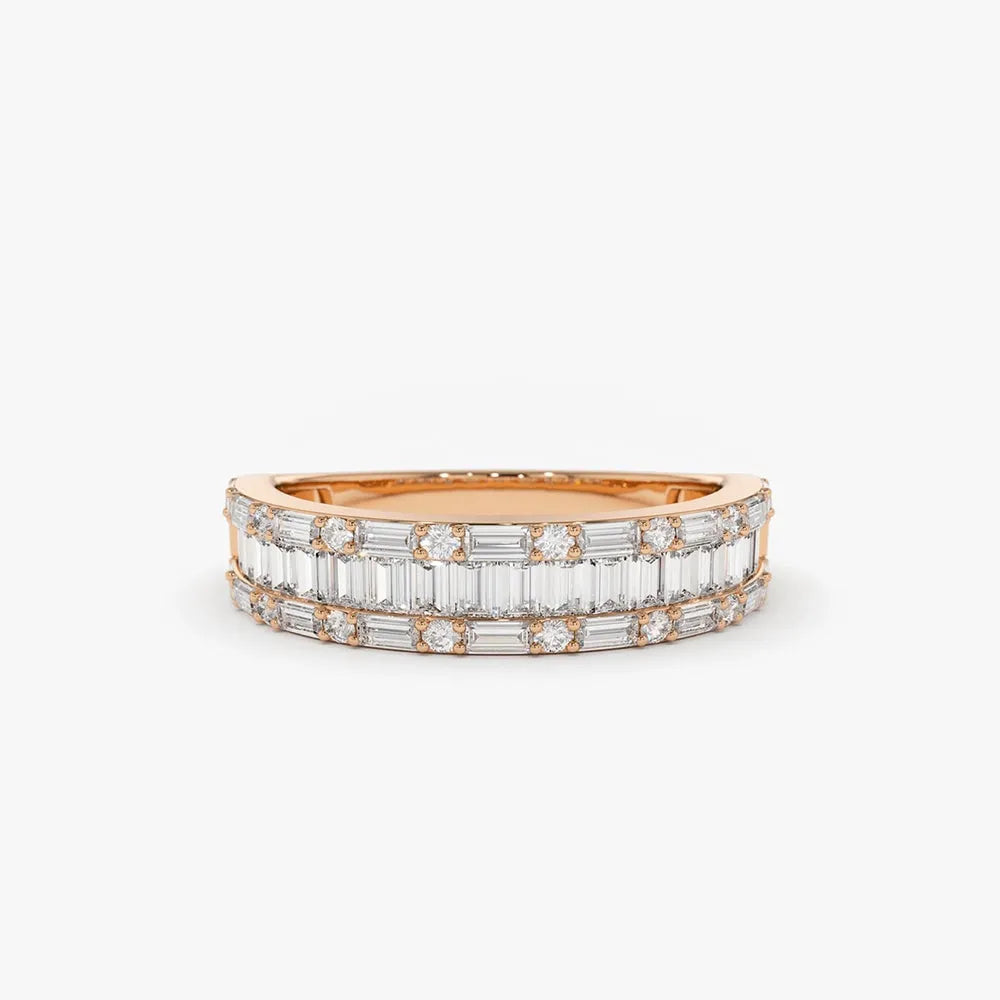 14K Solid Gold Baguette and Round Diamond 0.85 Carat Wedding Band