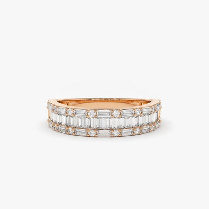 14K Solid Gold Baguette and Round Diamond 0.85 Carat Wedding Band