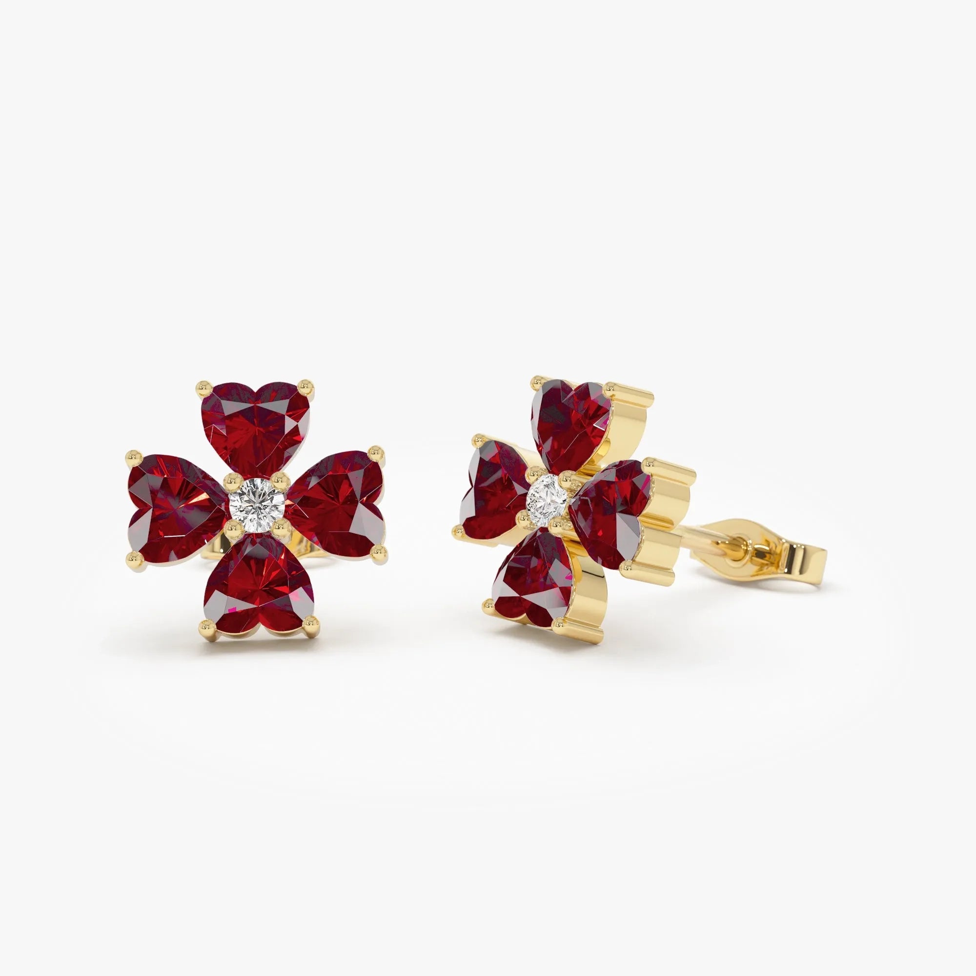 14K Solid Gold Heart Shaped Garnet and Diamond Four Leaf Clover Stud Earrings