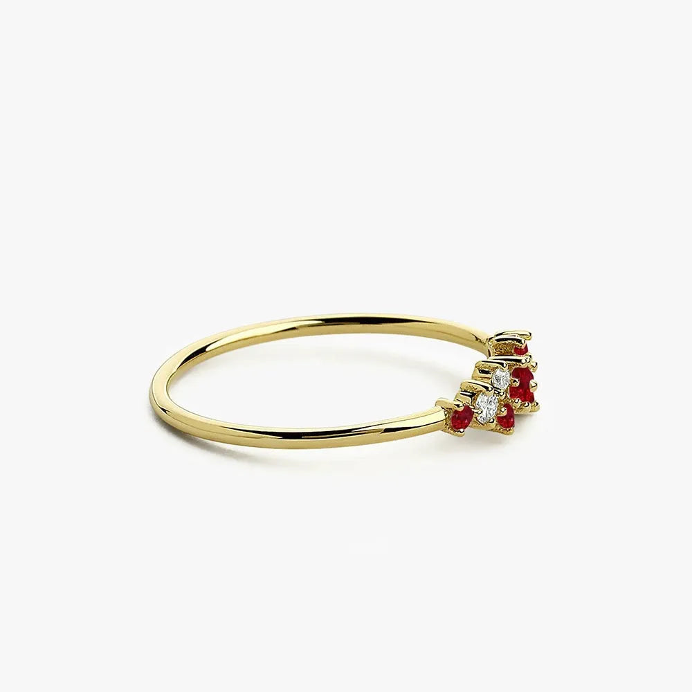 14k Gold Ruby and Diamond Round Cut Cluster Ring Prong Setting 0.35 ctw
