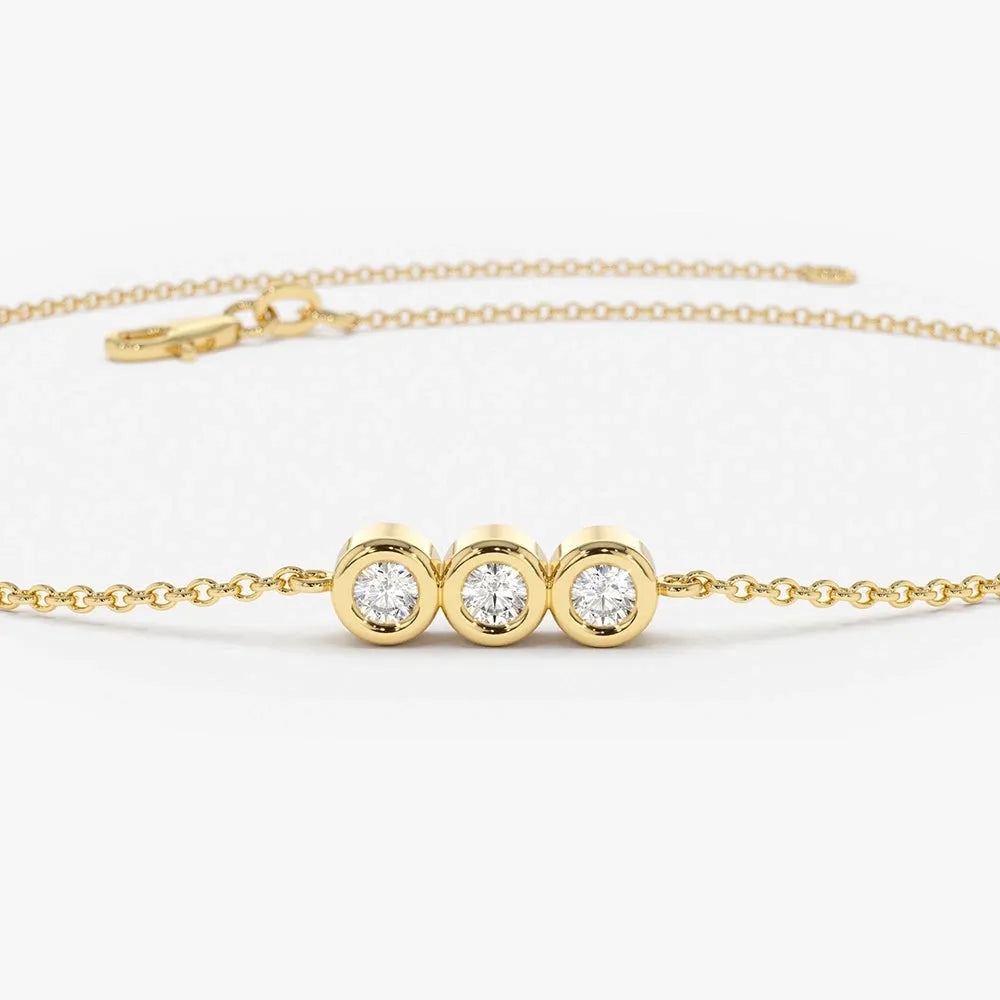 14K Solid Gold Lab Grown Diamond Round Trio Bezel Station Chain Bracelet 0.10 Carat