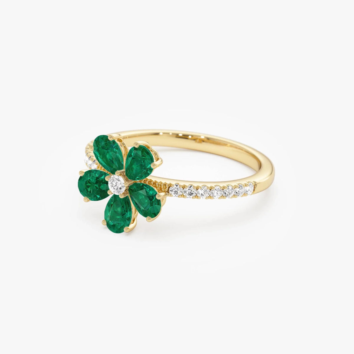 14K Solid Gold Pear Emerald and Round Diamond Five-Leaf Ring 0.80 CTW