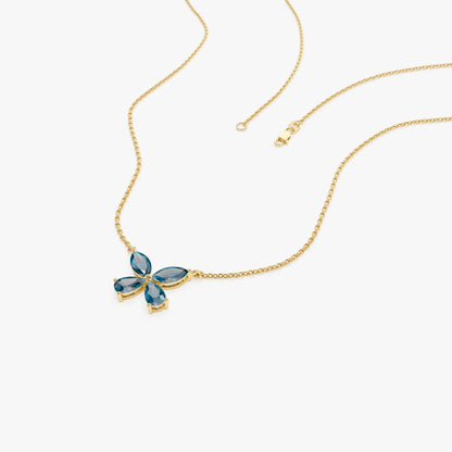 14k Solid Gold London Blue Topaz Pear and Marquise Butterfly Necklace 1.21 Carat