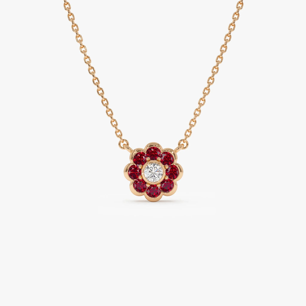 14k Solid Gold Ruby and Diamond Round Flower Necklace 0.35 Carat Bezel Setting