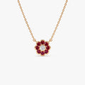 14k Solid Gold Ruby and Diamond Round Flower Necklace 0.35 Carat Bezel Setting