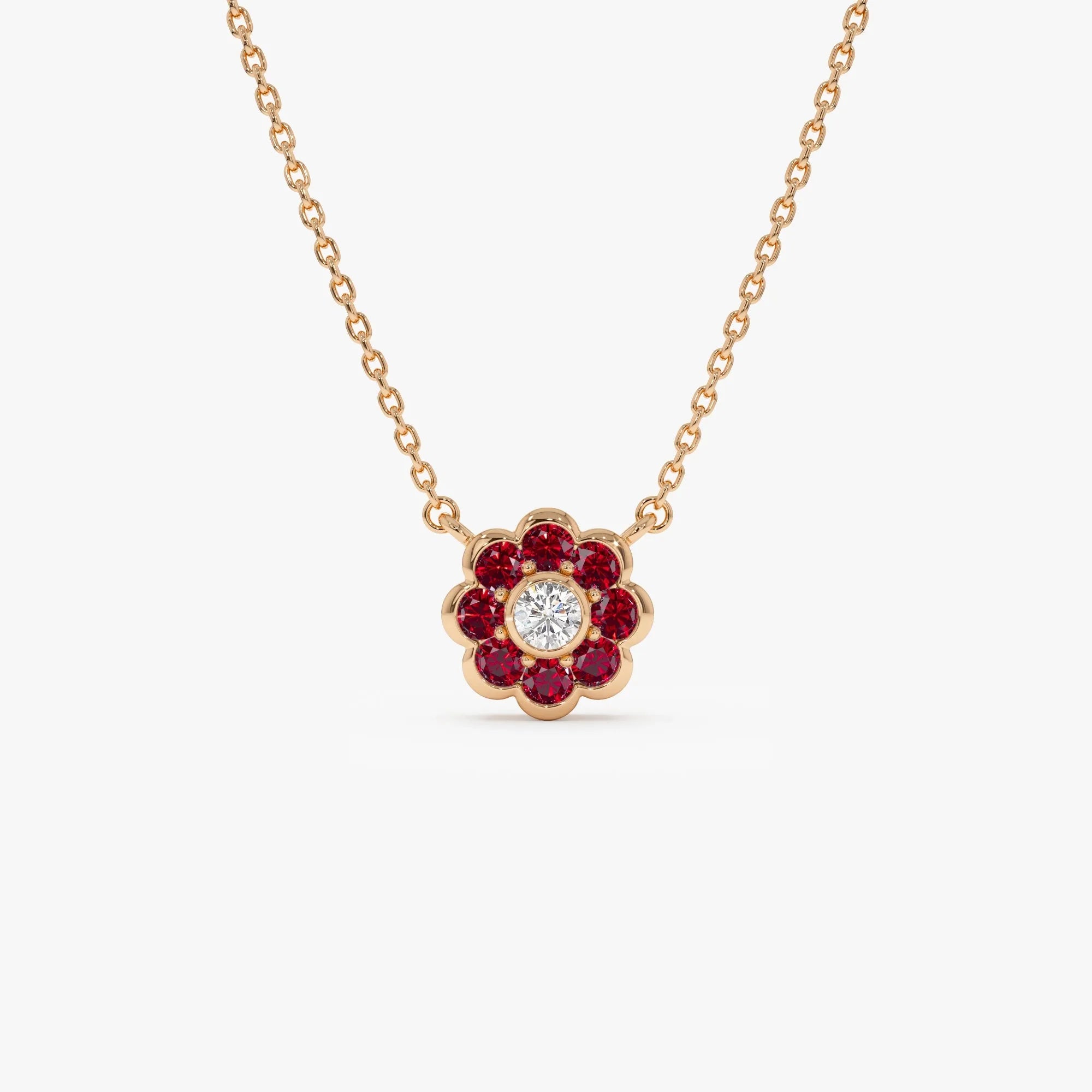 14k Solid Gold Ruby and Diamond Round Flower Necklace 0.35 Carat Bezel Setting