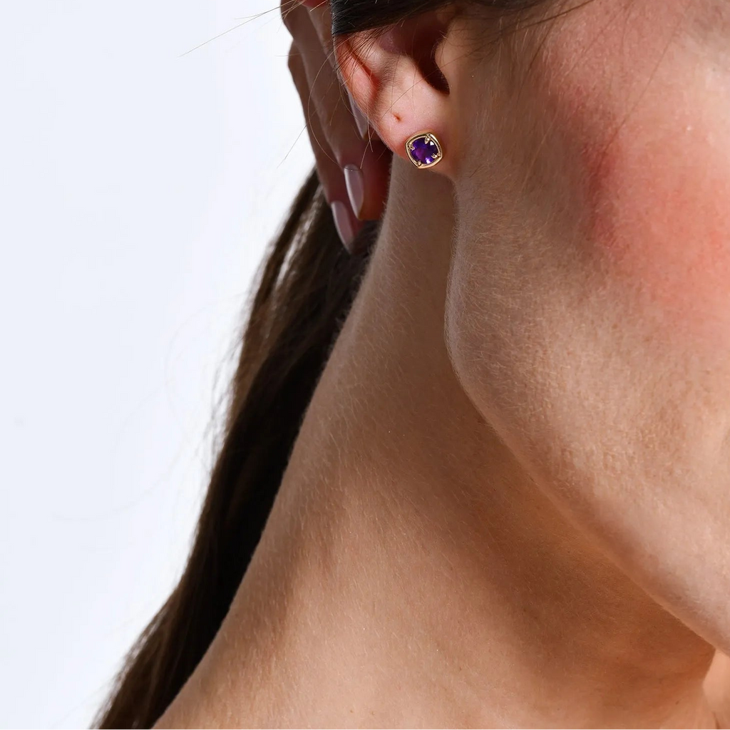 14K Solid Gold Round Amethyst Cushion Shaped Stud Earrings 0.95ctw
