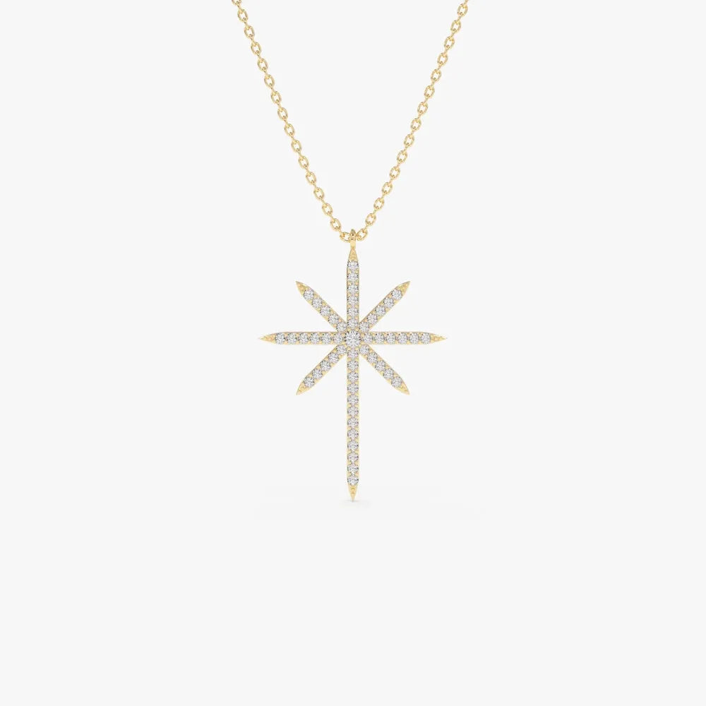14K Solid Gold Round Diamond Celestial North Star Pendant Necklace 0.25ctw Prong Setting