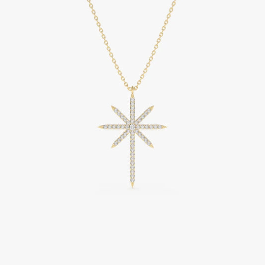 14K Solid Gold Round Diamond Celestial North Star Pendant Necklace 0.25ctw Prong Setting