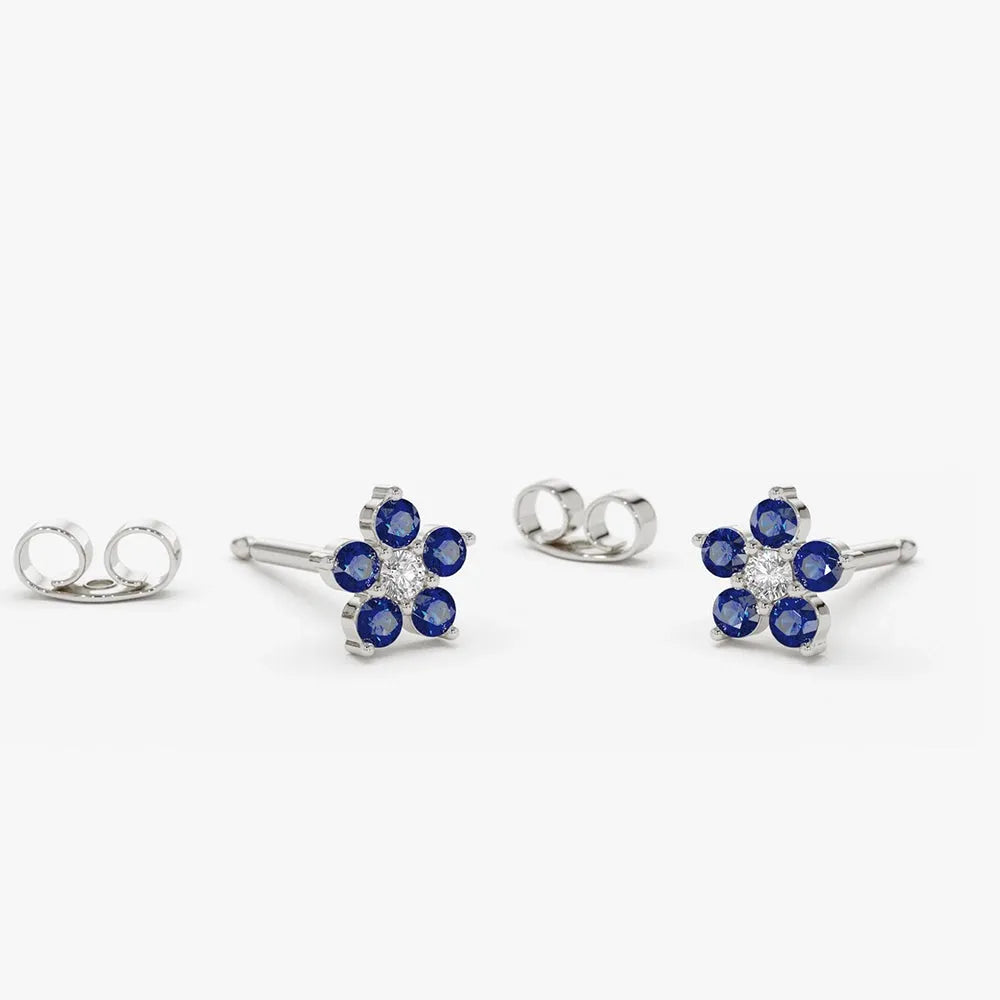14k Solid Gold Blue Sapphire and Round Diamond Flower Stud Earrings 0.32 ctw